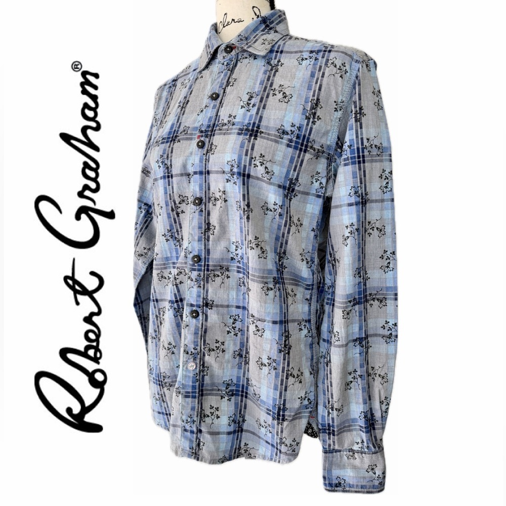 Robert Graham Shirt Men Button Down Blue Floral Plaid Sz S Tailored Quiet Luxury